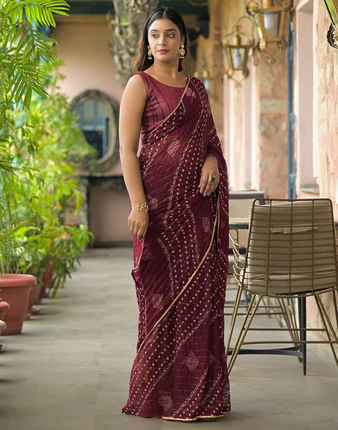 Vasthrlay Georgette Bandhani Unstitched Maroon Saree