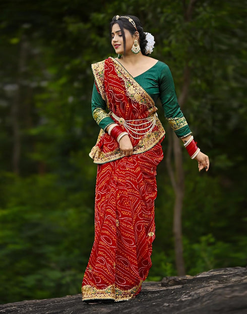 Vasthrlay Georgette Printed Unstitched Red Saree