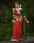 Vasthrlay Georgette Printed Red Saree With Green Unstitched Blouse Piece