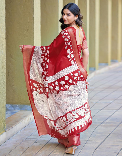Vasthrlay Printed Weaving Unstitched Red Saree