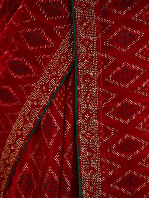 Vasthrlay Georgette Bandhani Unstitched Dark Green Saree