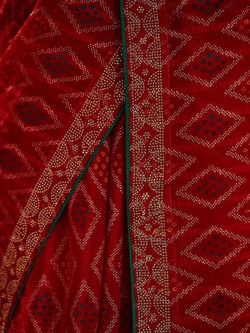Vasthrlay Georgette Bandhani Printed Stone Work Red Saree With Unstitched Blouse Piece