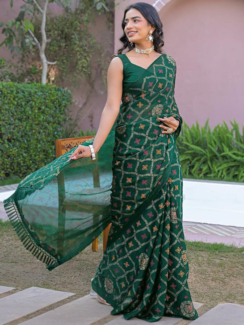 Vasthrlay Chiffon Printed Unstitched Teal Saree