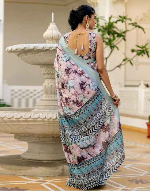 Vasthrlay Womens Printed Dusty Mauve Saree With Unstitched Blouse Piece