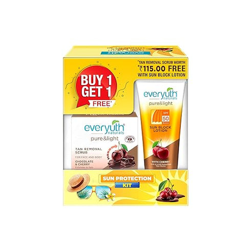 Everyuth Naturals Pure & Light SPF 50 Sun Block Lotion with De Tan Scrub 50g Free Combo