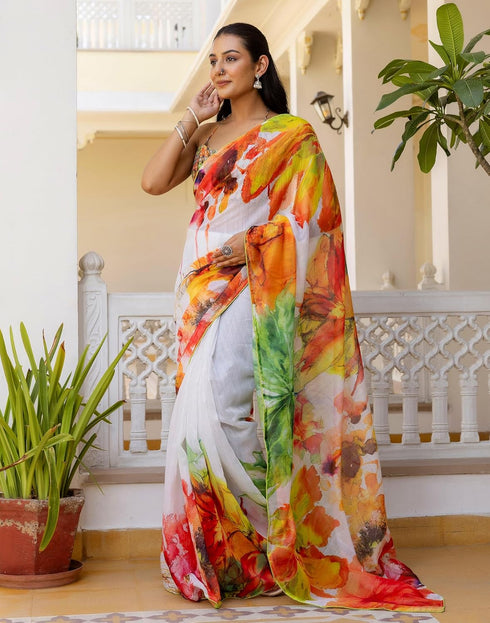 Vasthrlay Womens Printed Unstitched White Saree