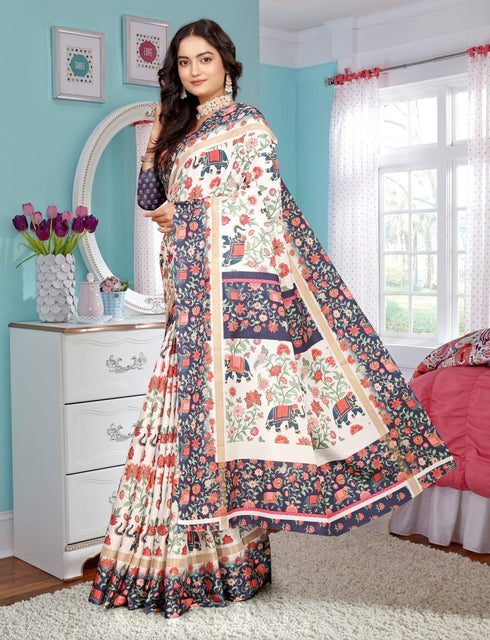Vasthrlay Women's Cotton Kalamkari Wedding Saree With Blouse Piece