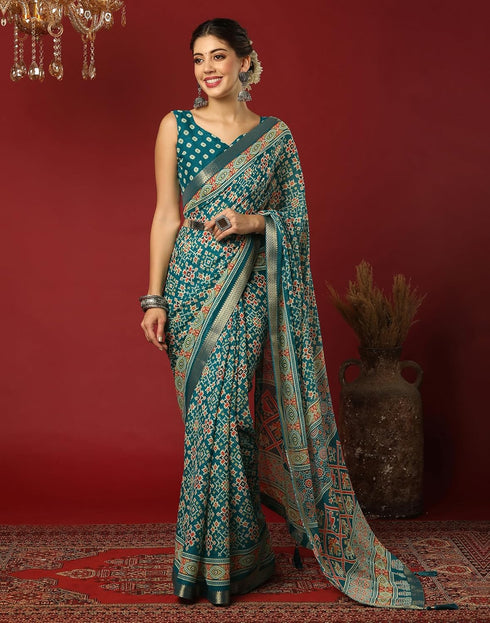 Vasthrlay Georgette Bandhani Unstitched Dark Green Saree
