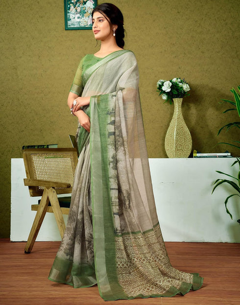 Vasthrlay Womens Cotton Printed Green Saree With Unstitched Blouse Piece