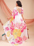 Vasthrlay Printed Kaftan Freehand Pink-Yellow-White Bollywood Satin Saree with Unsticted Blouse Piece