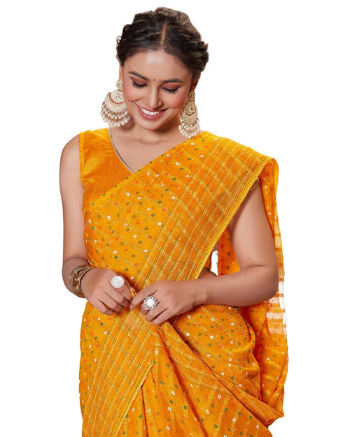 Vasthrlay Bandhani Printed Unstitched Yellow Saree
