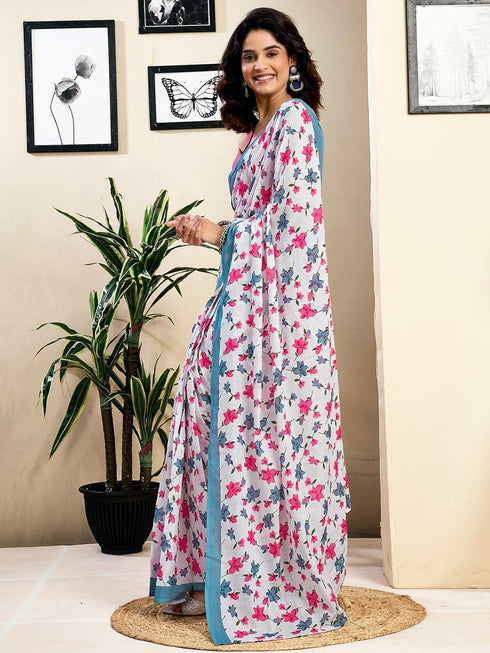 Vasthrlay Womens Printed Unstitched White Saree