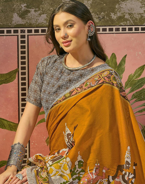 Vasthrlay Womens Printed Mustard Yellow | Multi Saree With Unstitched Blouse Piece