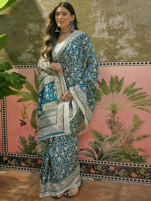 Vasthrlay Womens Printed Unstitched Beige Saree