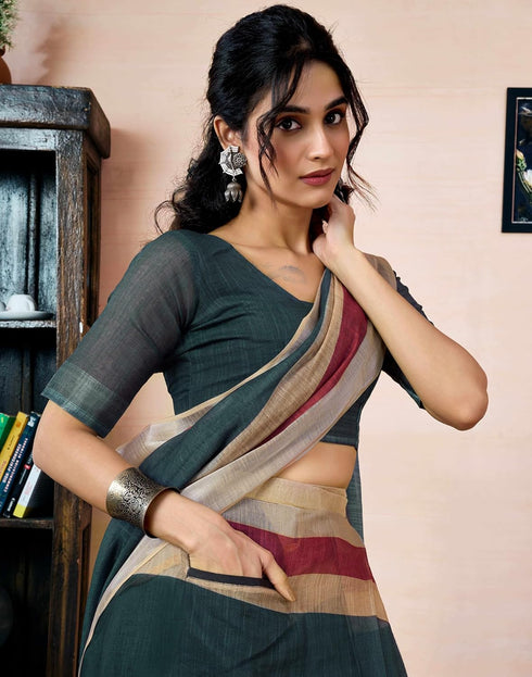 Vasthrlay Womens Printed Unstitched Dark Green Saree