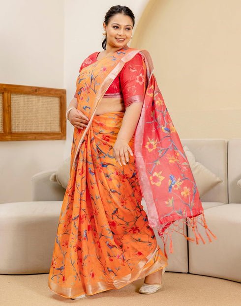 Vasthrlay Womens Printed Unstitched Off White Saree
