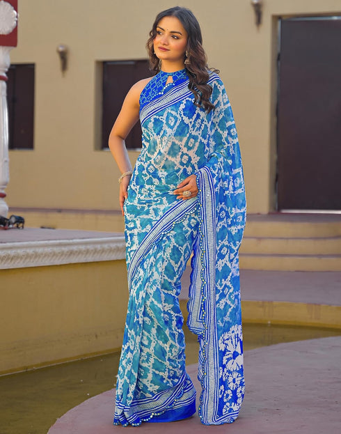 Vasthrlay Georgette Weaving Sky Blue | Dark Blue Saree With Unstitched Blouse Piece