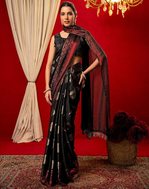 Vasthrlay Chiffon Printed Unstitched Black Saree