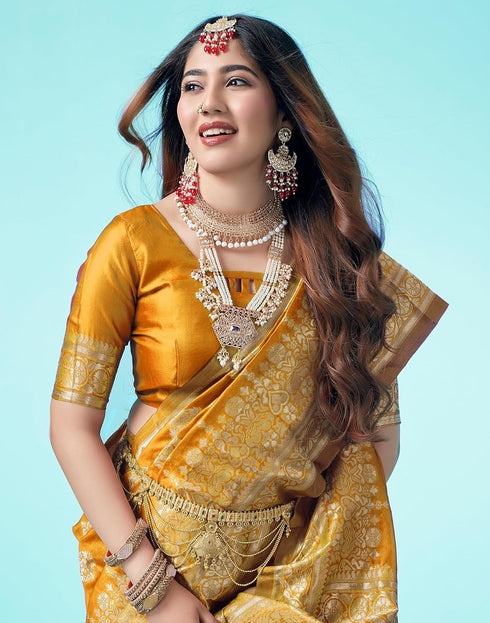 Vasthrlay Banarasi Jacquard Unstitched Yellow Saree