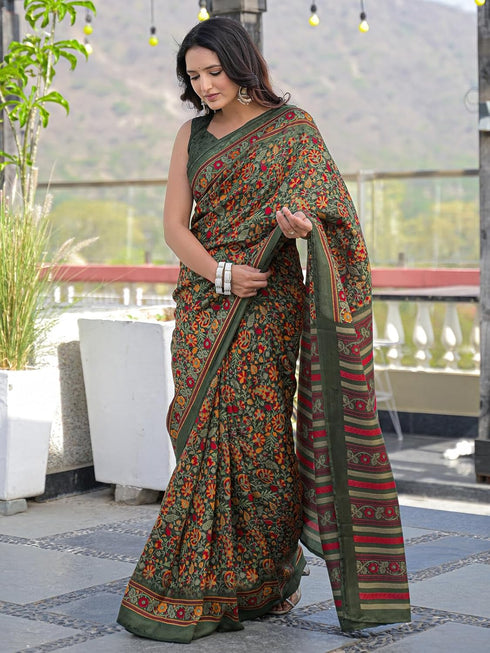 Vasthrlay Womens Printed Unstitched Dark Green Saree