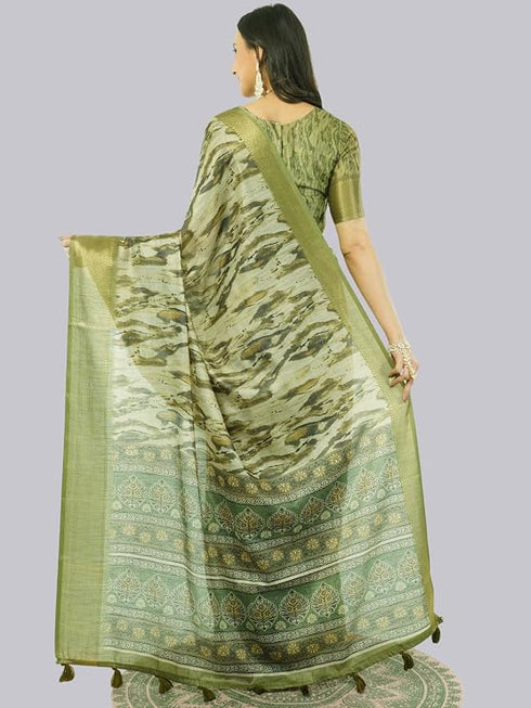 Vasthrlay Olive Green Geometric Triangle Print Polyester Saree With Muted Gold Zari Border And Teal Blue Ruched Unstitched Blouse Piece