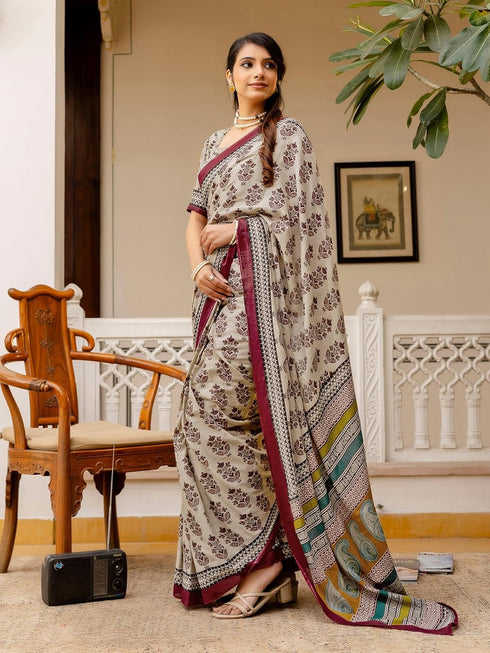 Vasthrlay Womens Printed Unstitched Beige Saree