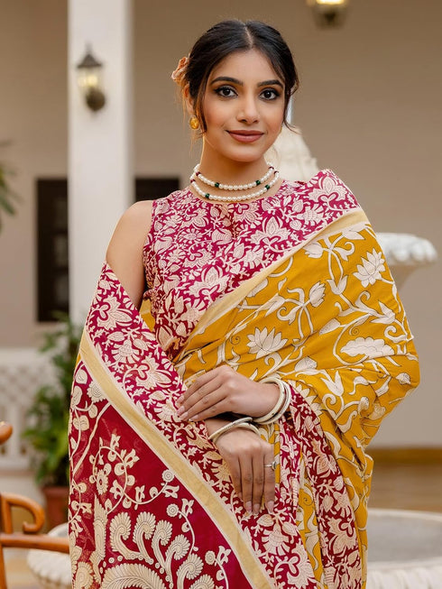 Vasthrlay Kalamkari Printed Olive Saree