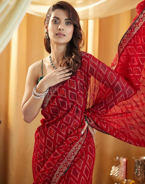 Vasthrlay Georgette Bandhani Unstitched Red Saree