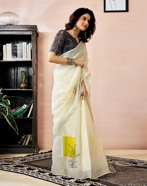 Vasthrlay Womens Printed Unstitched Olive Green Saree
