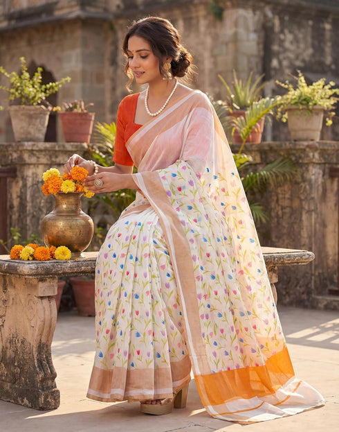 Vasthrlay Womens Printed Unstitched Peach Saree