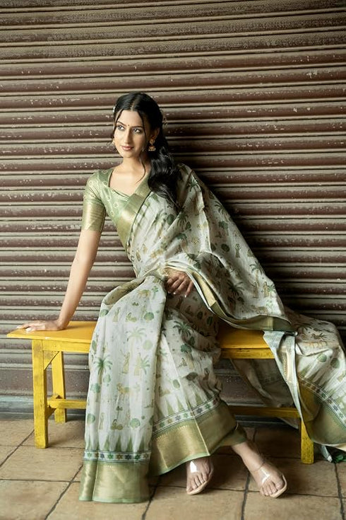 Vasthrlay Sage Green Abstract Print Polyester Saree With Zari Border And Unstitched Blouse Piece