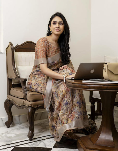 Vasthrlay Womens Cotton Beige And Brown Saree With Unstitched Blouse Piece
