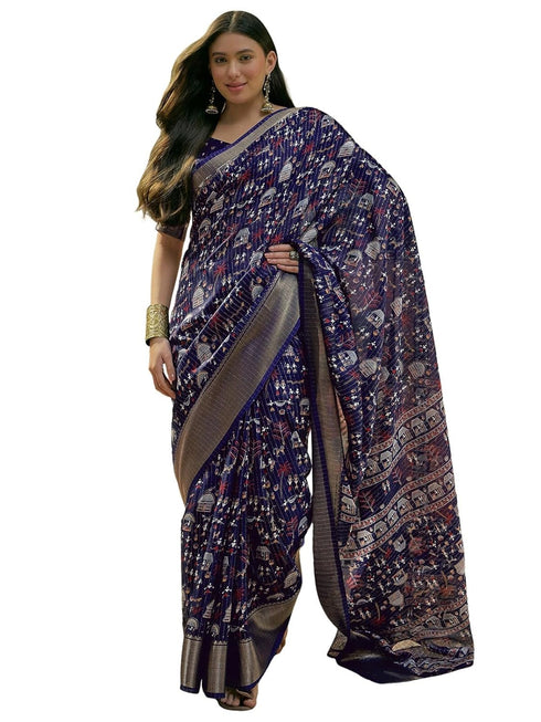 Vasthrlay Womens Printed Unstitched Navy Blue Saree