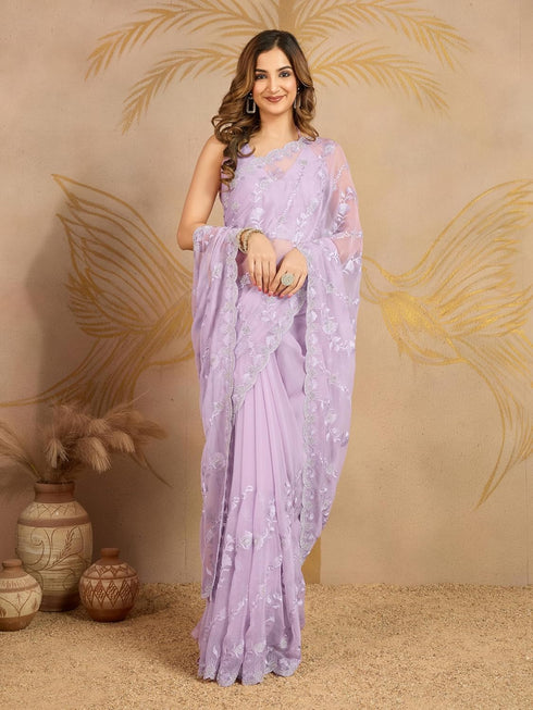 Vasthrlay Chiffon Embroidery Unstitched Lightpurple Ethnic Wear