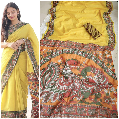 Vasthrlay Kalamkari Printed Yellow Saree with Border Cotton-Linen Blend Traditional Folk Art Motifs
