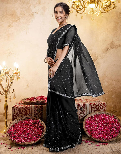Vasthrlay Womens Georgette Unstitched Black Saree