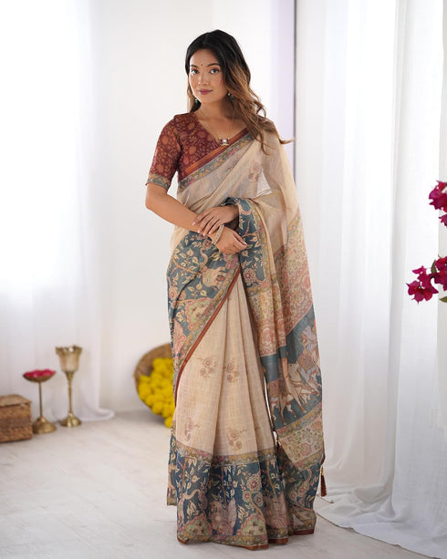 Vasthrlay Handloom Beige Blue Traditional Saree