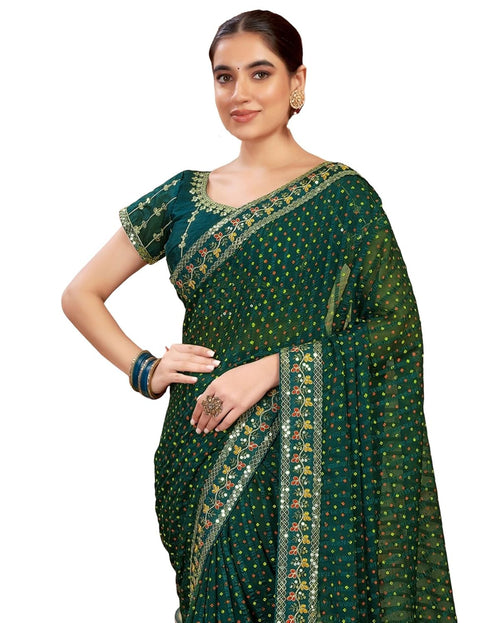 Vasthrlay Bandhani Embroidery Unstitched Rama Green Saree