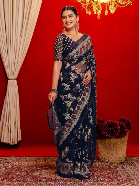 Vasthrlay Georgette Printed Unstitched Maroon Saree