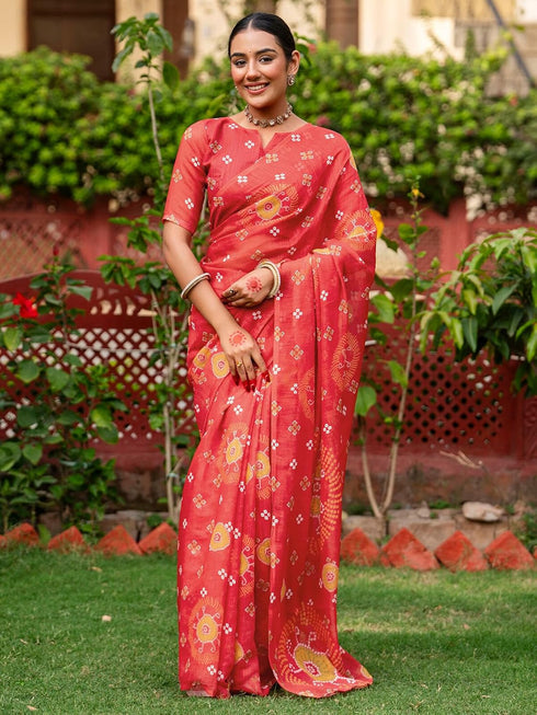 Vasthrlay Bandhani Printed Unstitched Peach Saree