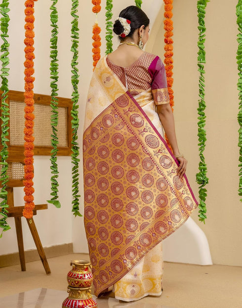 Vasthrlay Banarasi Cream Saree With Pink Unstitched Blouse Piece