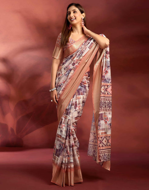 Vasthrlay Printed Jacquard Peach Saree With Unstitched Blouse Piece