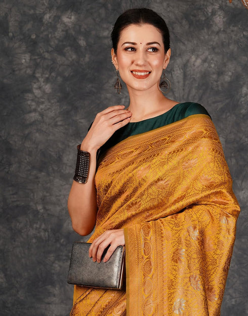 Vasthrlay Banarasi Kanjeevaram Yellow Saree With Green Unstitched Blouse Piece