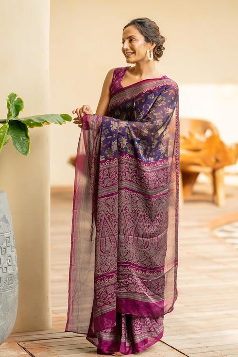 Vasthrlay Fashion Chiffon Printed Navy Ethnic Wear