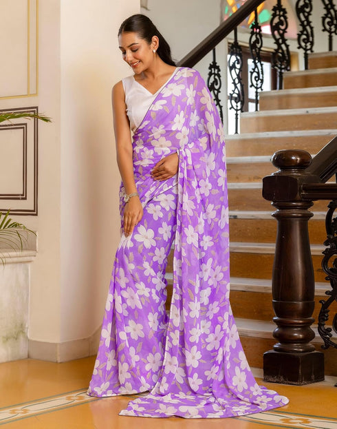 Vasthrlay Georgette Printed Unstitched Lavender Saree