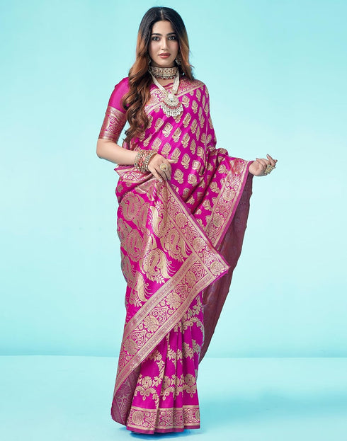 Vasthrlay Banarasi Jacquard Rani Pink Saree With Unstitched Blouse Piece