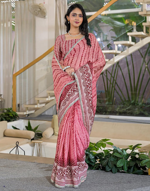 Vasthrlay Chiffon Chevron Unstitched Pista Green Saree