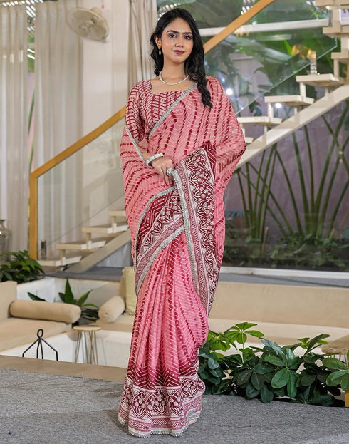 Vasthrlay Chiffon Chevron Pink Saree With Unstitched Blouse Piece