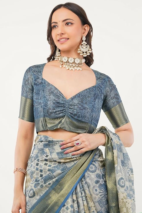 Vasthrlay Slate Blue Patchwork Print Polyester Saree With Zari Border And Unstitched Blouse Piece