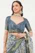 Vasthrlay Slate Blue Patchwork Print Polyester Saree With Zari Border And Unstitched Blouse Piece